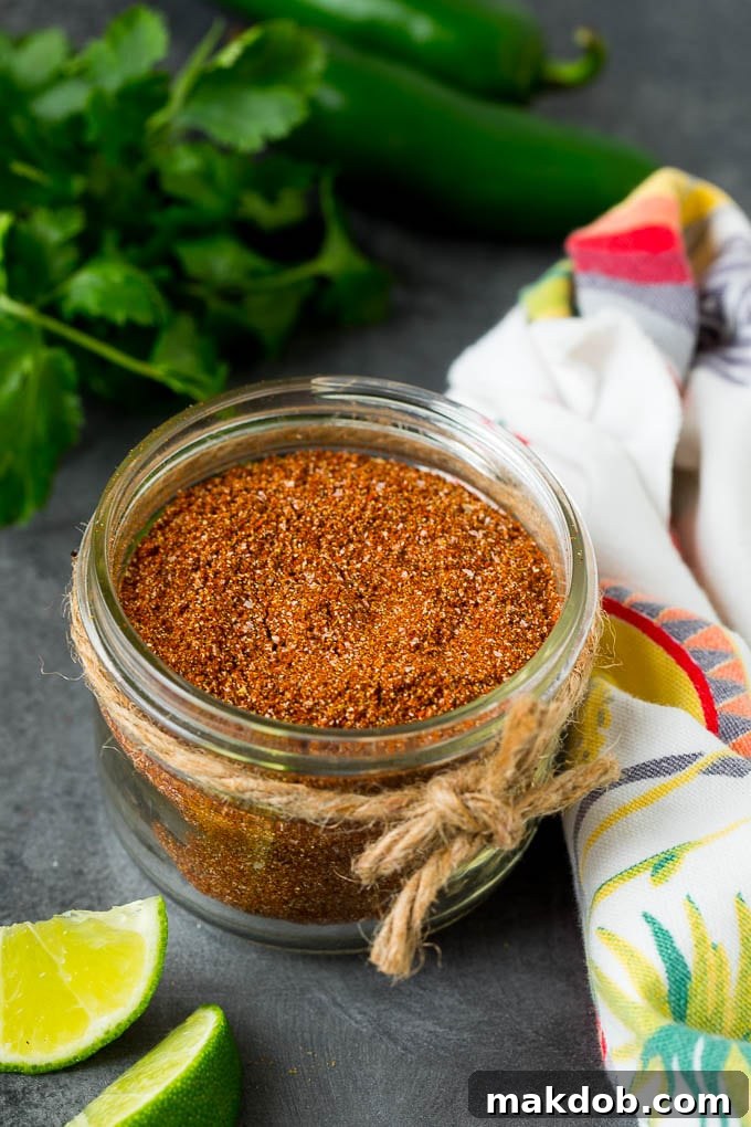 Homemade taco seasoning with a savory mix of spices, this blend can be used in all different types of Mexican food. A jar of taco seasoning with a savory blend of spices, ready for use.