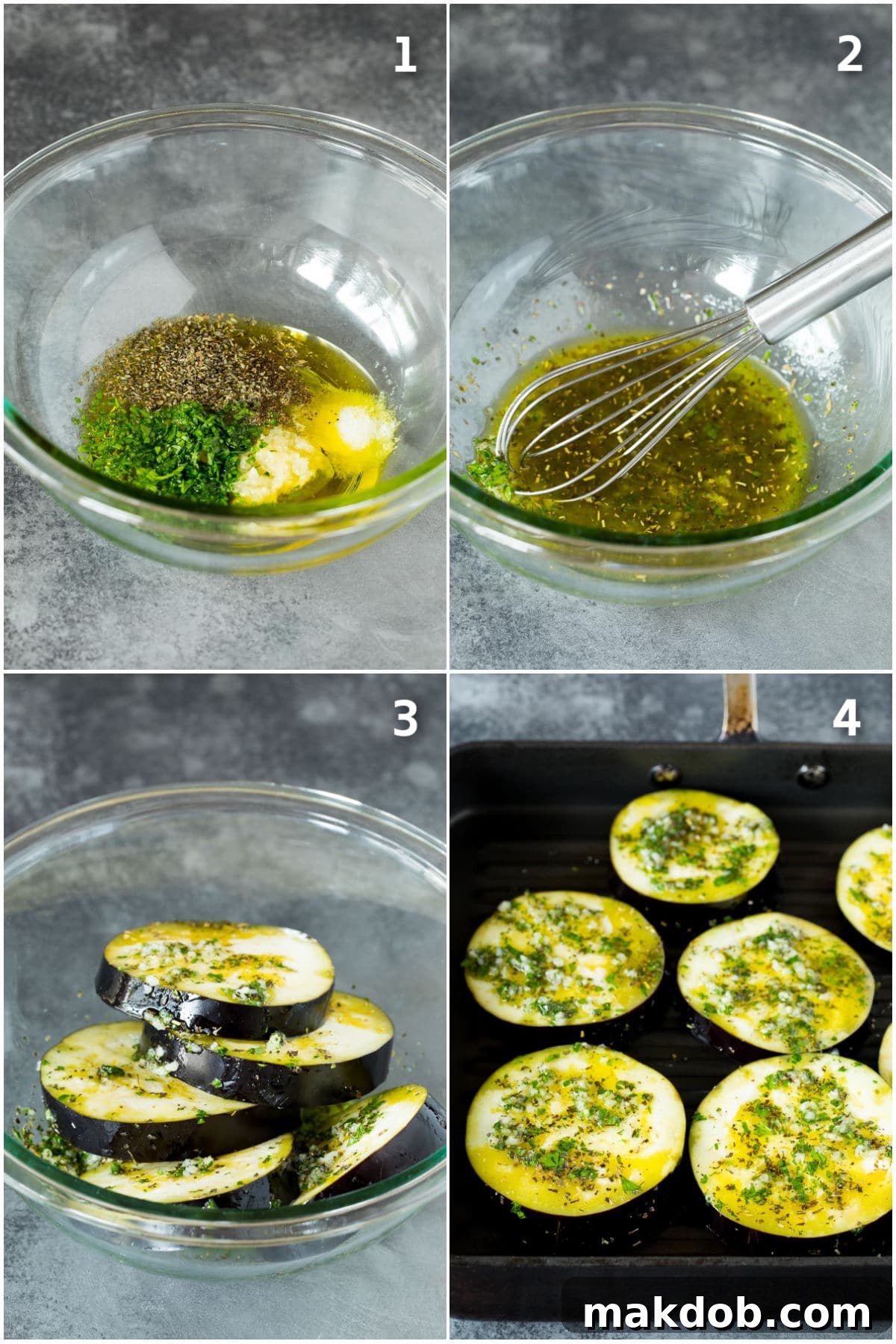 Fire-Kissed Eggplant 4 Step by step process shots showing how to marinate and grill eggplant.