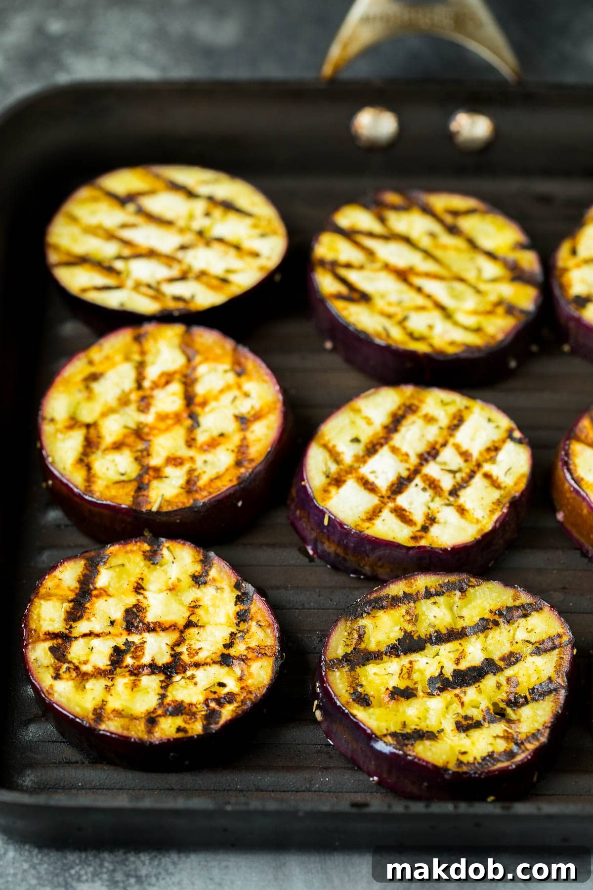 Fire-Kissed Eggplant 5 Slices of grilled eggplant cooked on a pan, garnished with herbs.