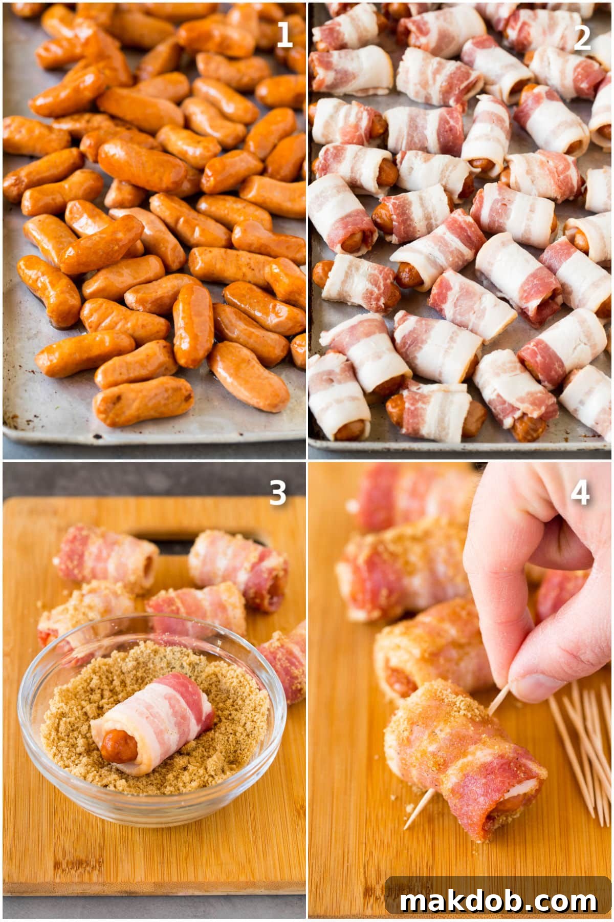A collage of step-by-step photos illustrating the process of preparing bacon wrapped smokies, from wrapping bacon around sausages to coating them in brown sugar and securing with toothpicks.