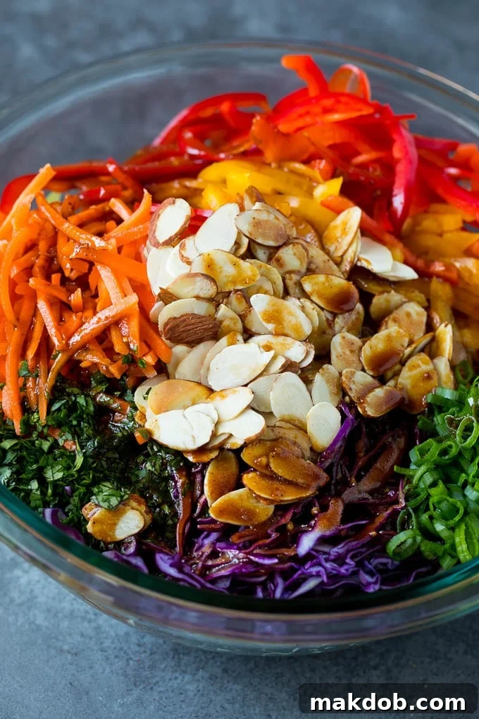 Asian Slaw Homemade dressing poured over Asian coleslaw.