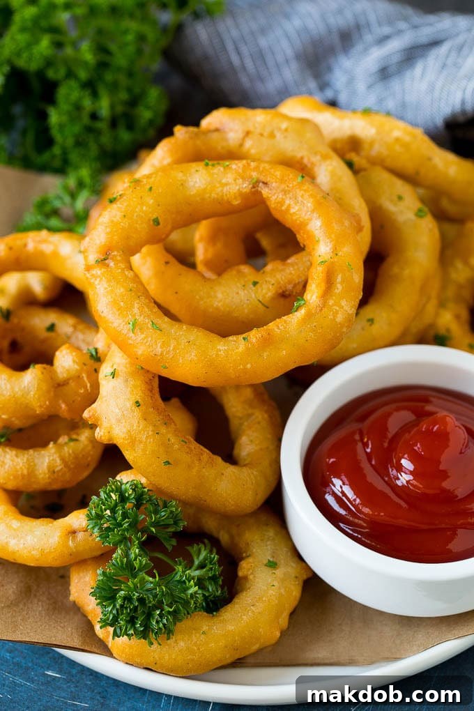 Fried onion rings on a plate with a side of ketchup.
