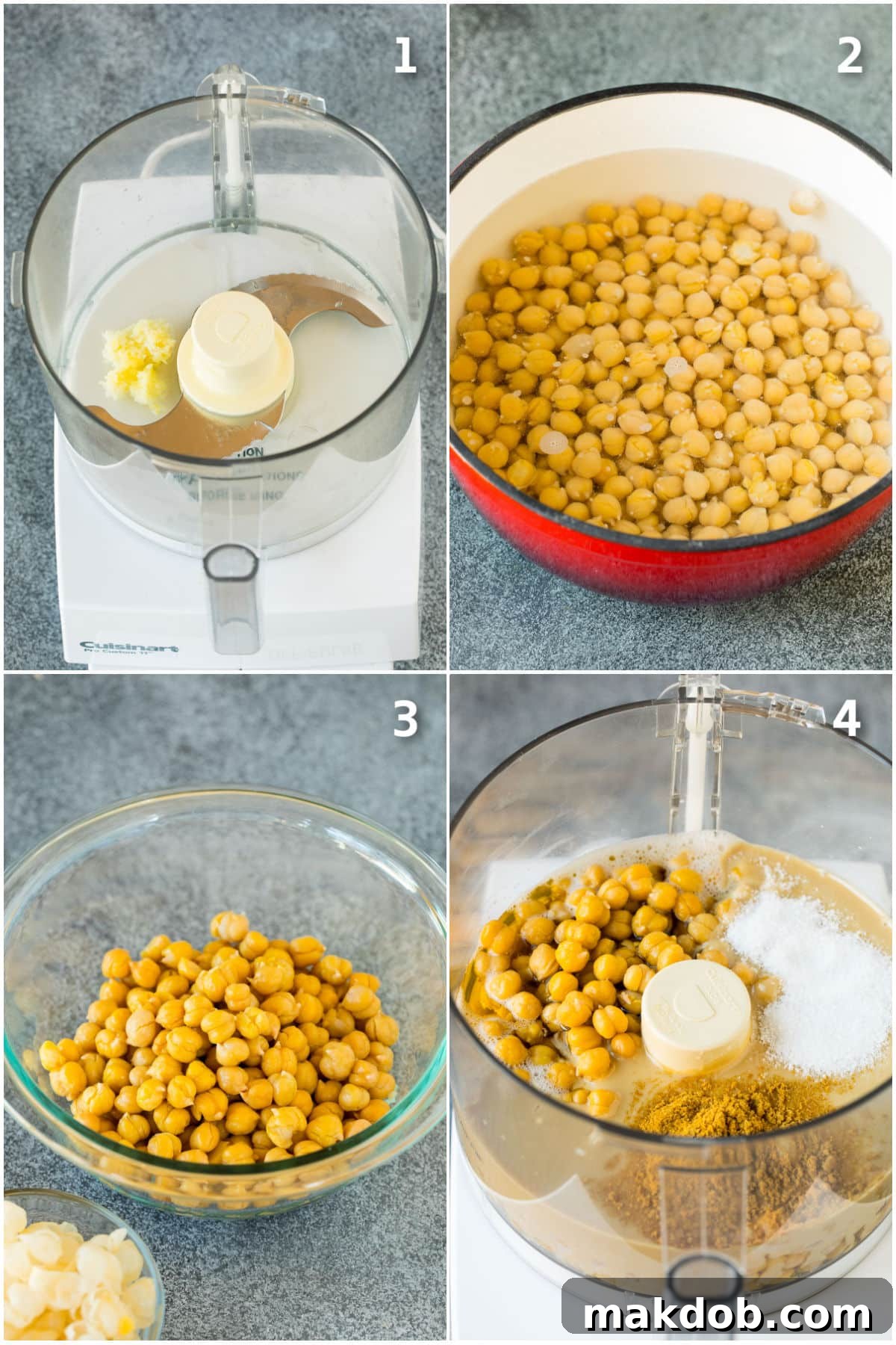 A collage of step-by-step photos demonstrating how to make creamy homemade hummus from scratch.