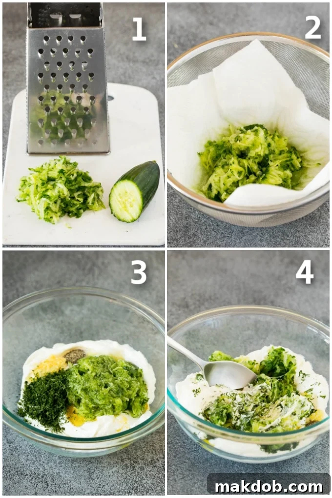 A collage of process shots showing grated cucumber, ingredients combined in a bowl, and a spoon stirring the mixture to create smooth tzatziki sauce.