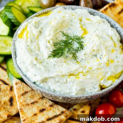 A bowl of tzatziki served with pita bread and vegetables.
