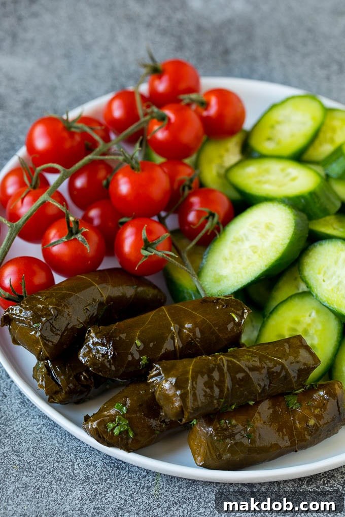 An Odyssey of Mediterranean Flavors 5 A plate of cherry tomatoes, cucumber slices and dolmas.