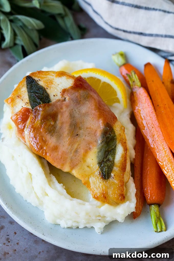 Chicken saltimbocca served over creamy mashed potatoes with roasted carrots, garnished with fresh sage and lemon.