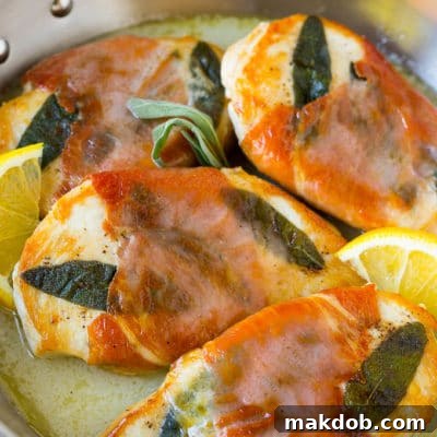 Chicken saltimbocca, an Italian classic with prosciutto, sage, and lemon sauce.