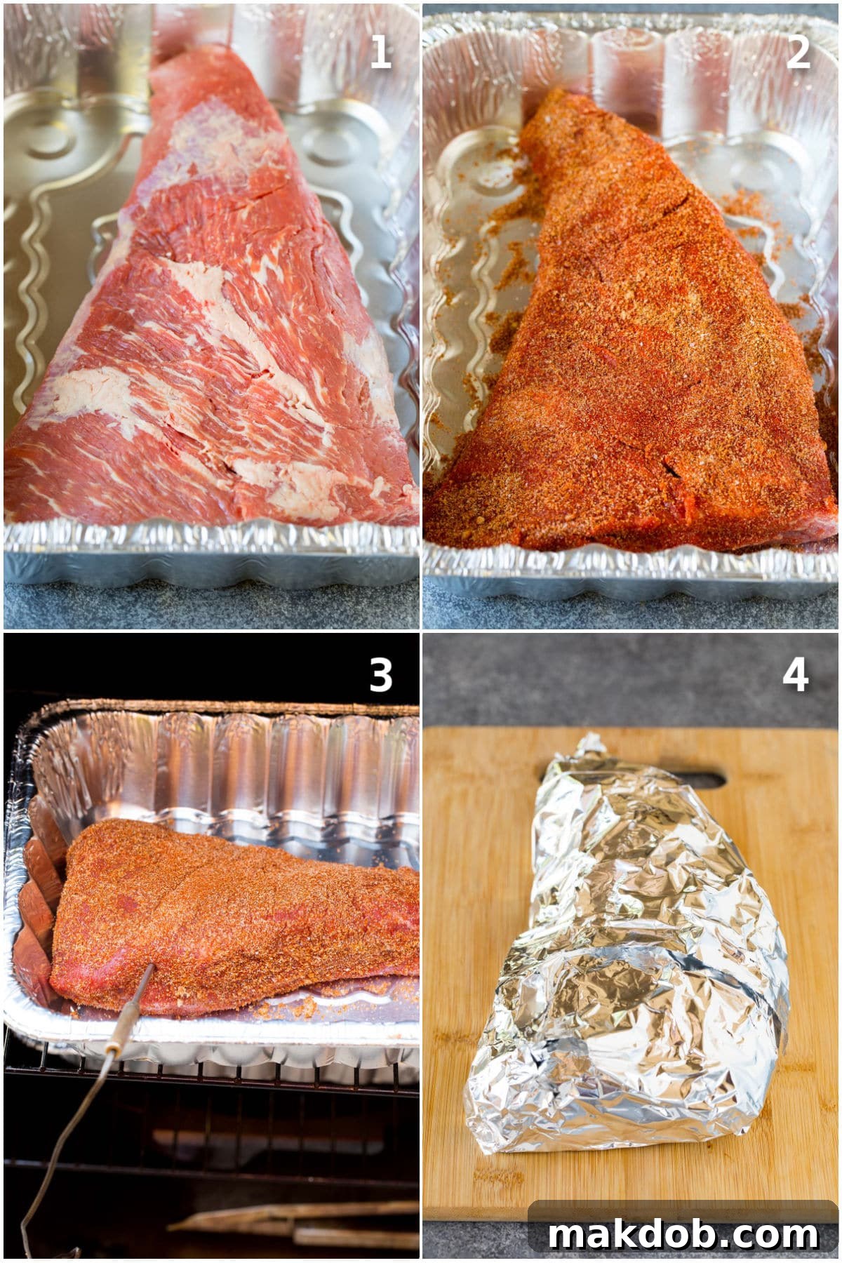 Smoky Tri Tip Perfection 4 Process shots showing how to smoke a tri tip, from seasoning to slicing.