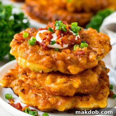A stack of corn fritters topped with bacon, sour cream and green onions.