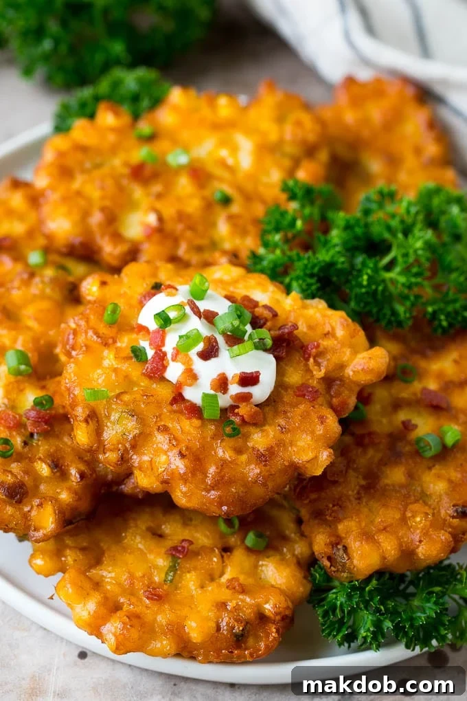 A beautifully arranged plate of crispy corn fritters, garnished with fresh parsley and topped generously with sour cream, ready to be enjoyed.