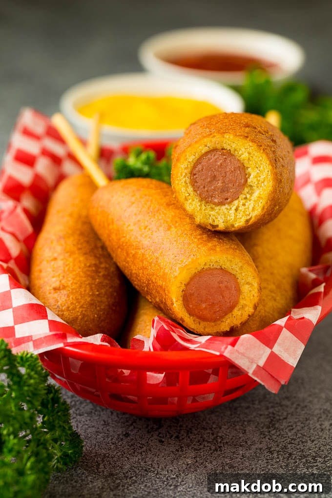 Homemade corn dogs are so easy to make and are even better than what you'd get at the fair! A generous basket of freshly made corn dogs, with two cut open to reveal the perfectly cooked hot dog and golden batter inside, inviting a bite.
