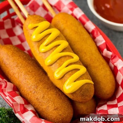 Crispy Golden Corn Dogs 2 A basket of corn dogs with one topped with mustard.