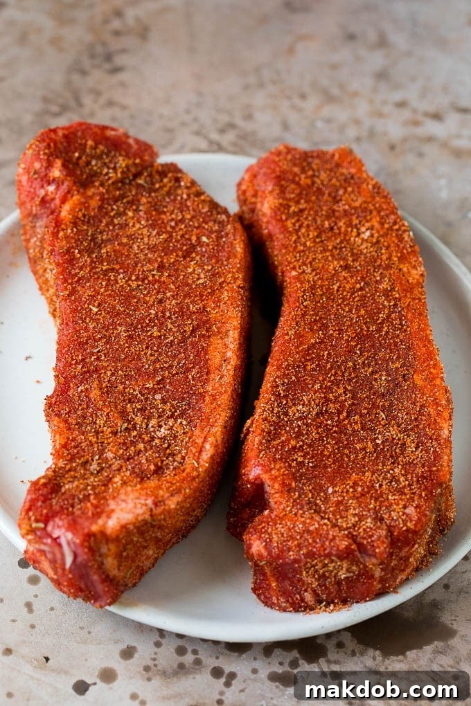 Raw steaks generously coated in homemade seasoning on a plate, ready for cooking.