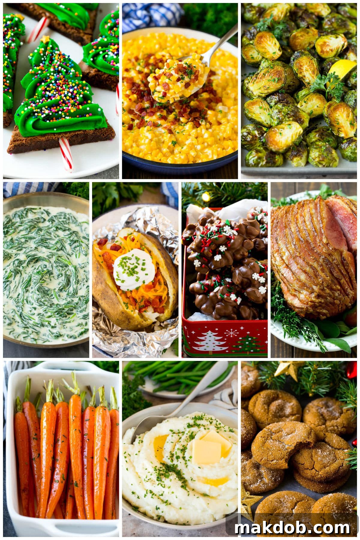 A festive collection of images showcasing holiday recipes, including whimsical Christmas tree brownies, comforting creamed corn, and classic molasses cookies.