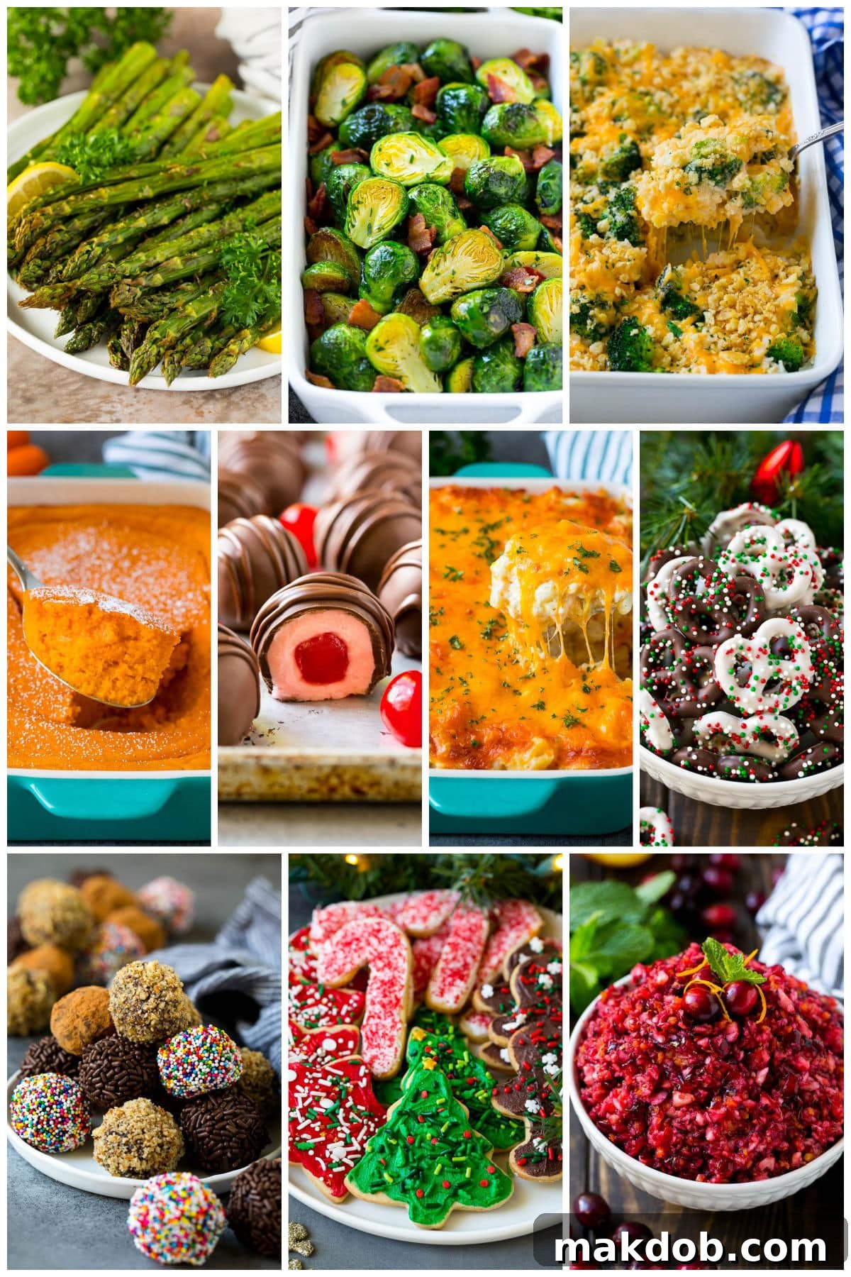 A collage featuring mouth-watering holiday entertaining recipes like rich cheesy potatoes, decadent chocolate covered pretzels, and light carrot souffle, perfect for festive gatherings.