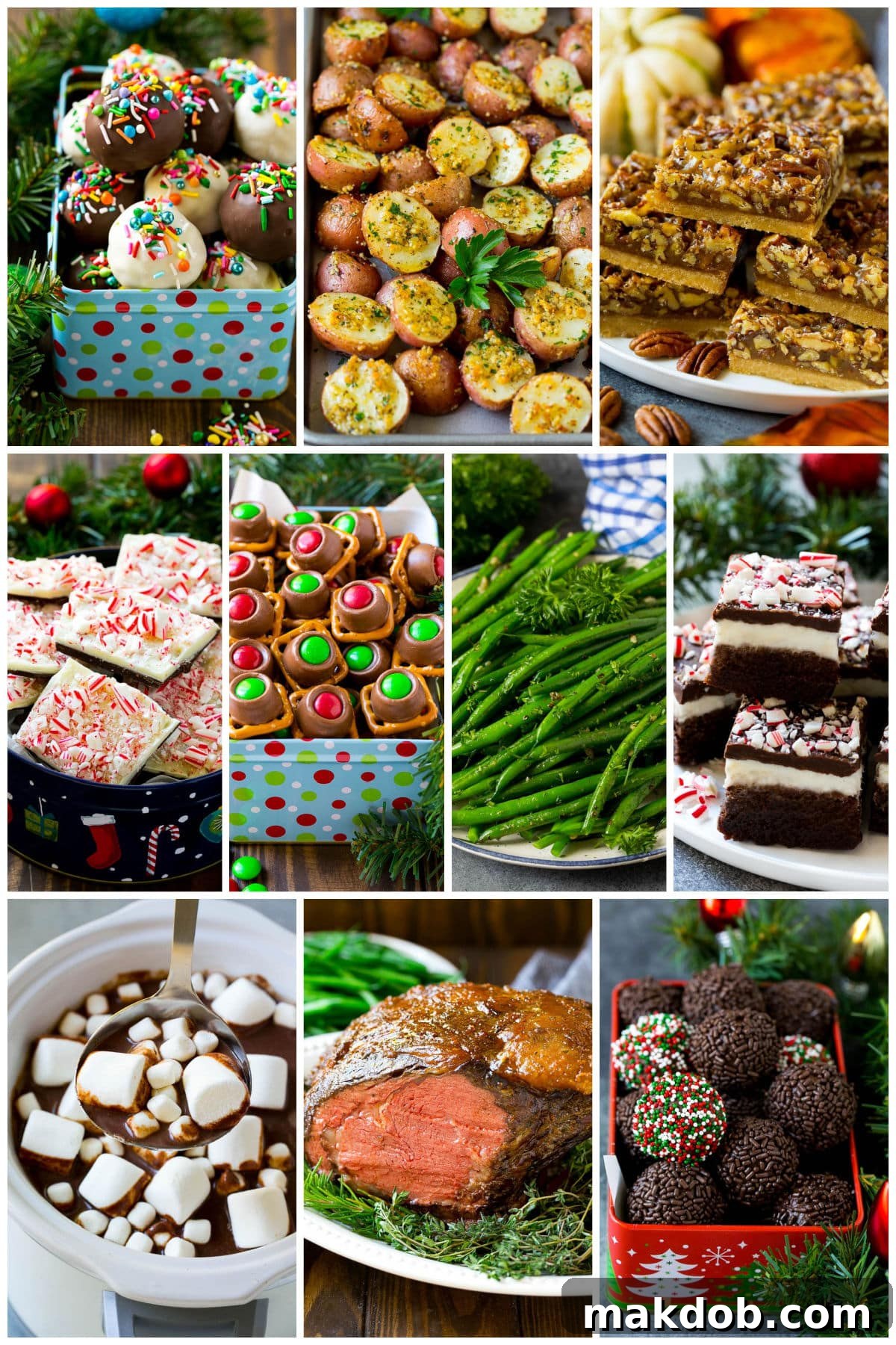 A vibrant collage of delectable holiday dishes, including succulent smoked prime rib, refreshing peppermint bark, and rich pecan pie bars.