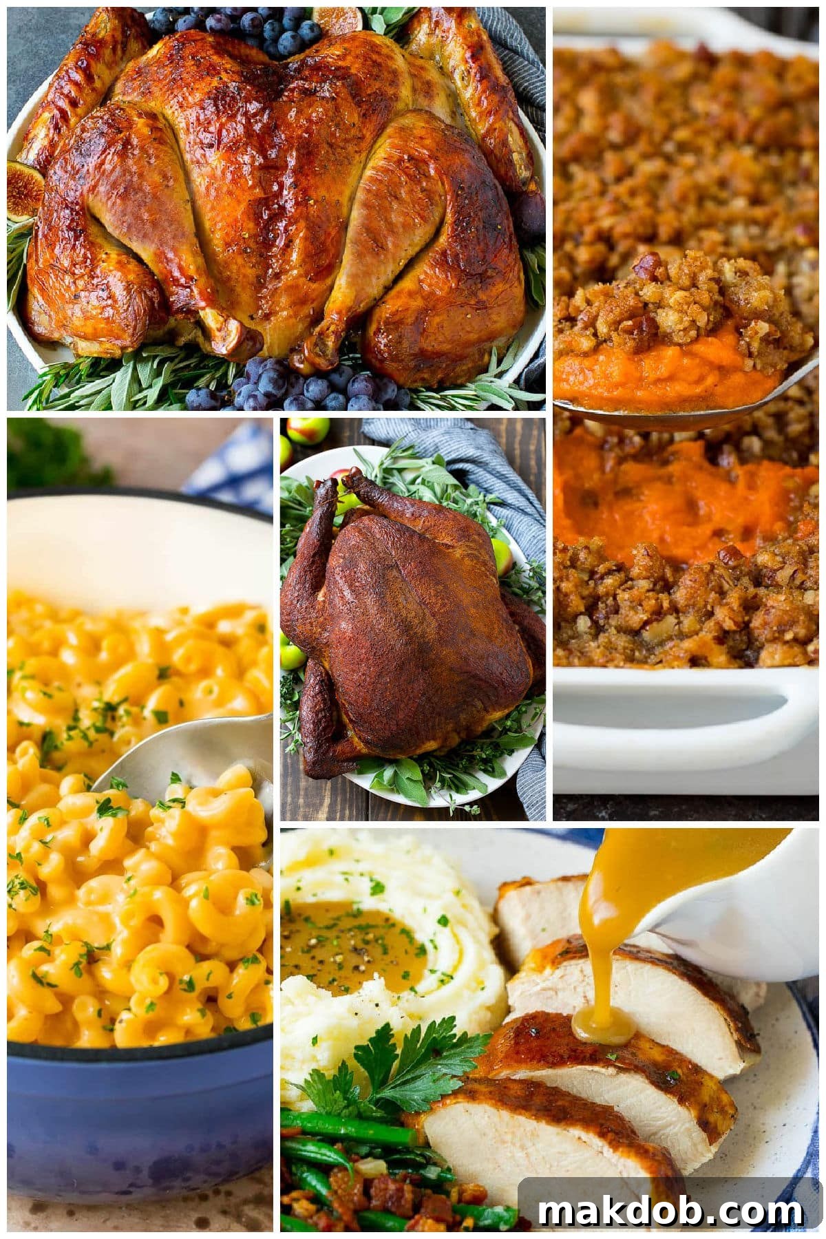 A vibrant group of images showcasing delicious holiday entertaining recipes, including creamy stovetop mac and cheese, rich turkey gravy, and a perfectly smoked turkey.