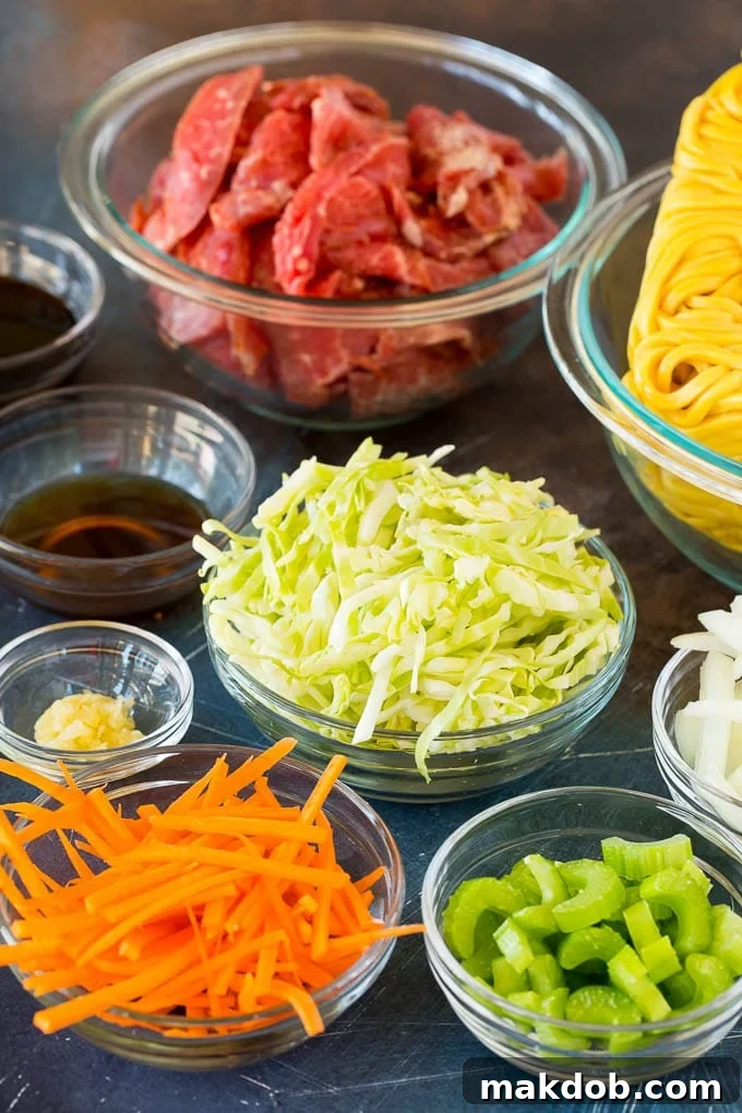 Bowls of meticulously prepped ingredients for beef lo mein, including thinly sliced steak, vibrant carrots, crisp celery, fresh cabbage, and tender egg noodles.