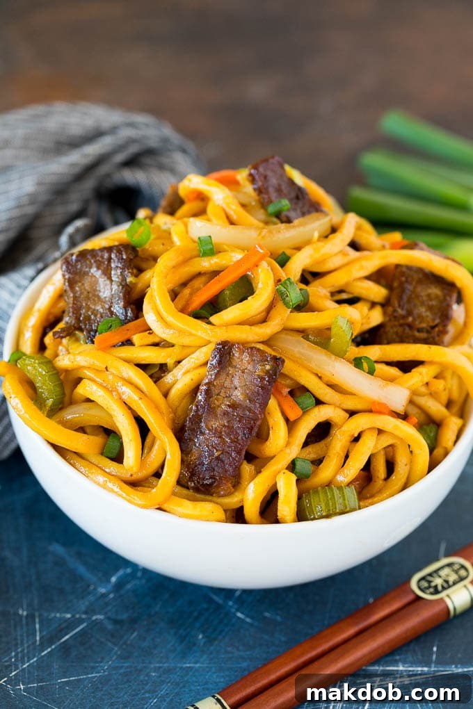 A beautifully presented bowl of beef lo mein, garnished with fresh green onions, ready to be enjoyed.