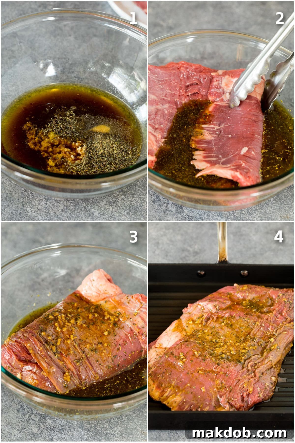 A collage showing the steps of marinating flank steak in a bag and grilling it on a barbecue.