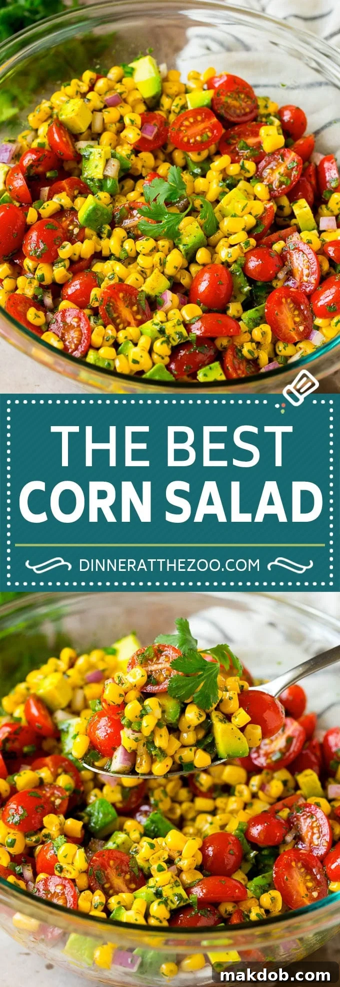 Easy corn salad with tomato and avocado, all tossed in a zesty lime dressing.