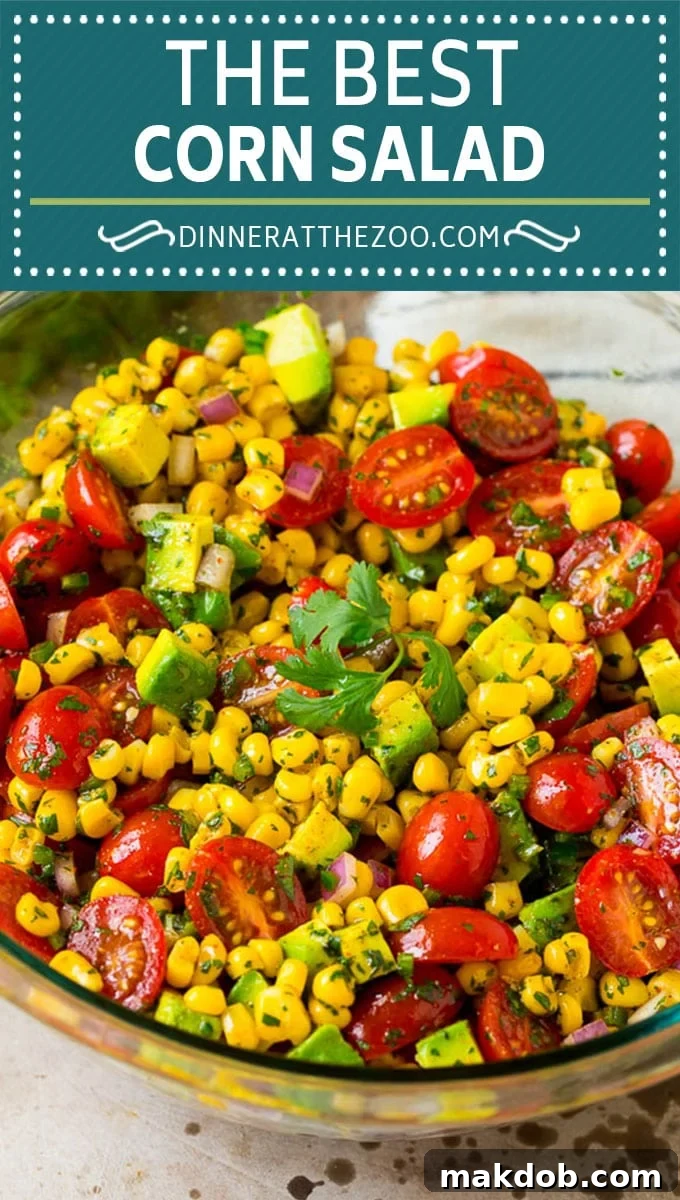 Easy corn salad with tomato and avocado, all tossed in a zesty lime dressing.