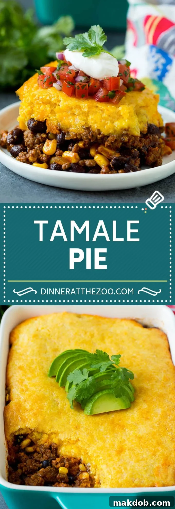 This tamale pie is seasoned ground beef, corn and beans baked together with cheddar cornbread to make a hearty and comforting casserole.