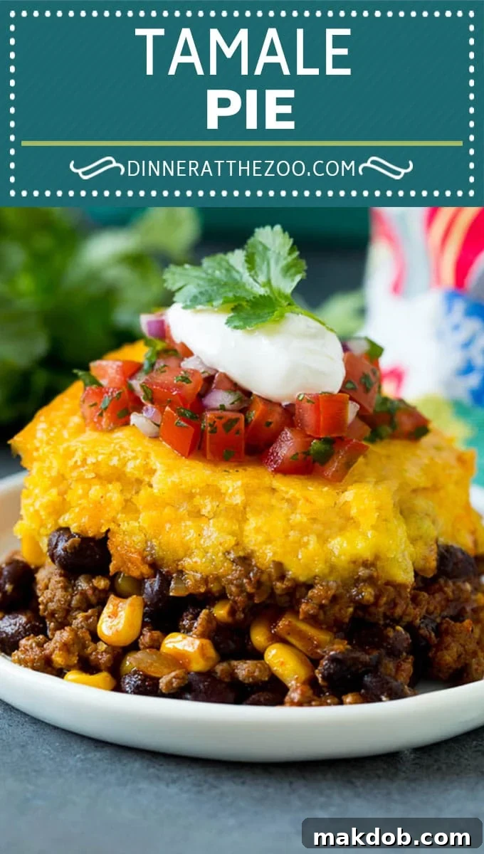 This tamale pie is seasoned ground beef, corn and beans baked together with cheddar cornbread to make a hearty and comforting casserole.