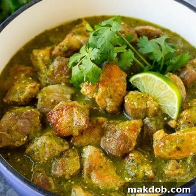A pot of chile verde topped with cilantro and lime wedges.
