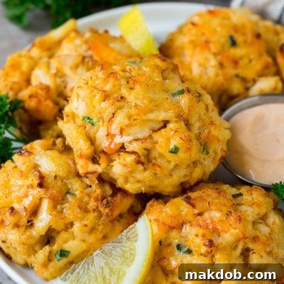 Maryland's Signature Crab Cakes 2 Maryland crab cakes on a serving plate with lemon wedges.