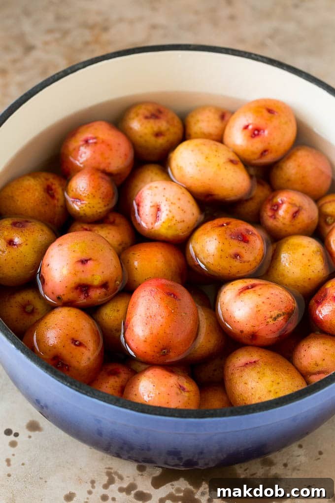 This German potato salad is boiled baby potatoes tossed in a warm bacon and mustard dressing, then garnished with fresh herbs. A pot of whole potatoes in boiling water.