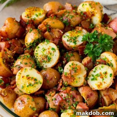 Hearty German Bacon Potato Salad 2 A bowl of German potato salad topped with fresh herbs.