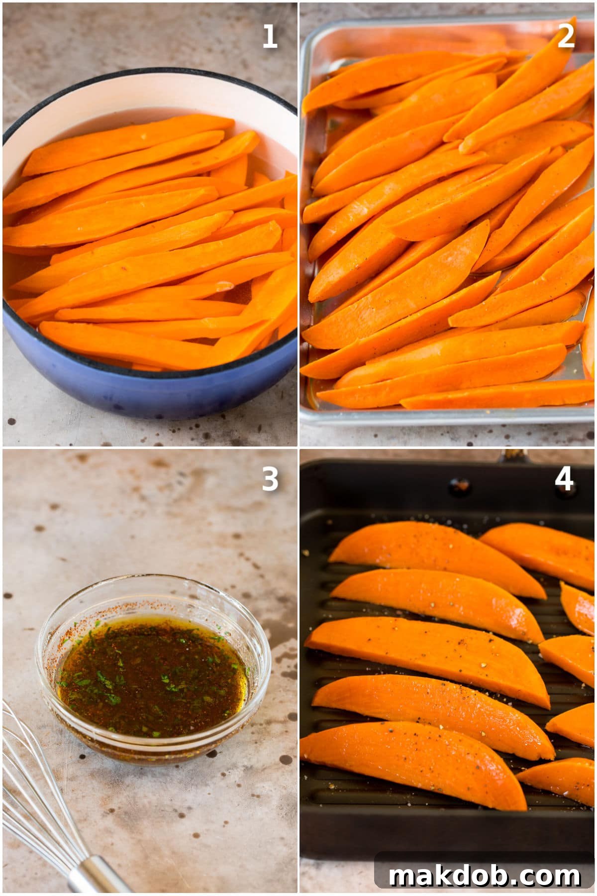 Fire-Kissed Sweet Potatoes 4 Process shots showing how to prepare sweet potatoes for the grill, including peeling, cutting, boiling, and seasoning.