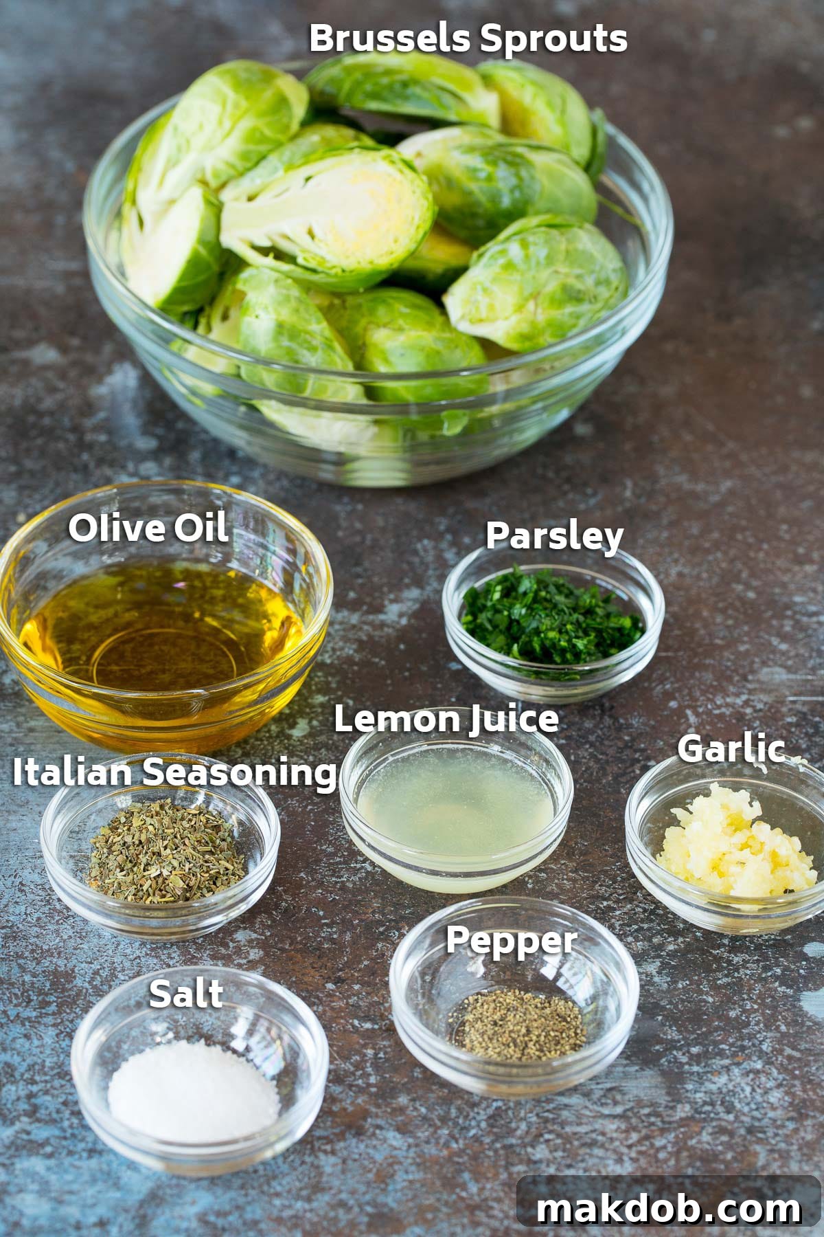 Flame-Kissed Brussels Sprouts 3 Bowls of ingredients including brussels sprouts, olive oil, lemon juice and herbs.
