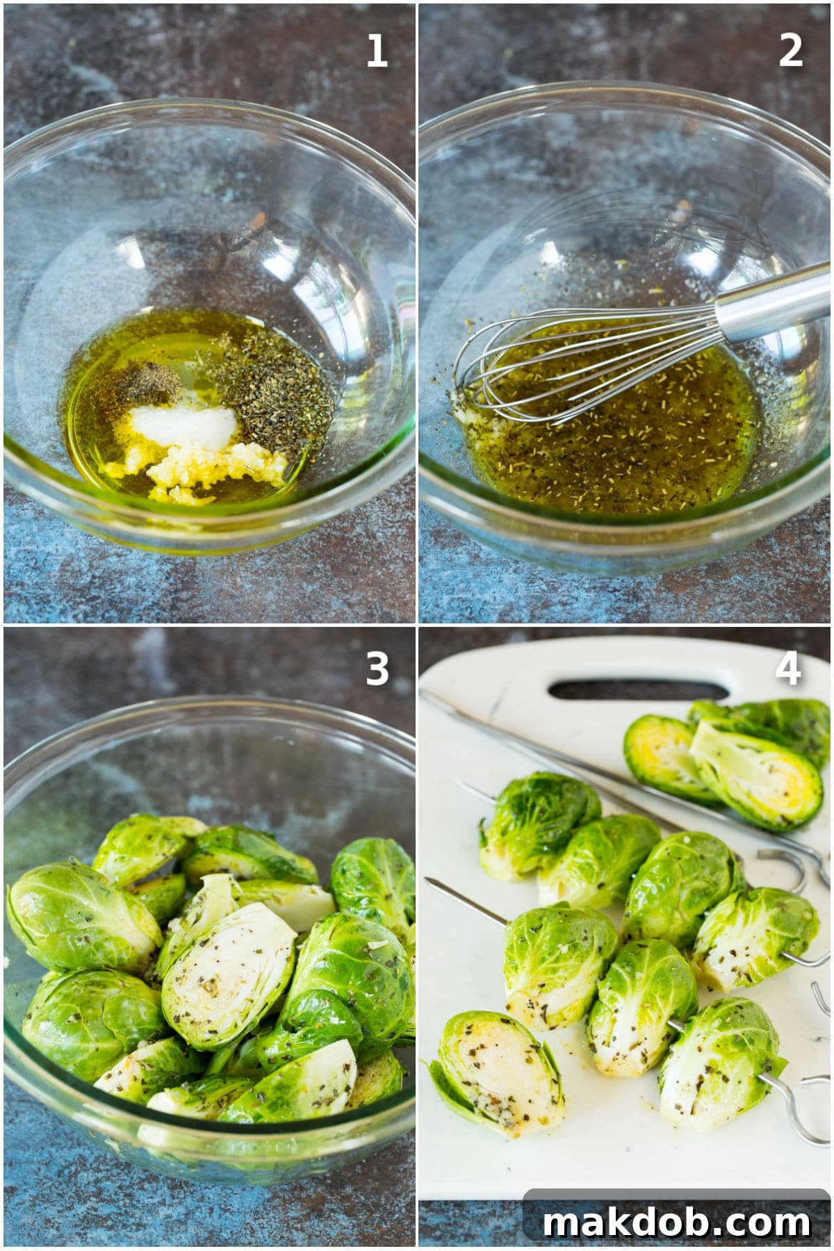 Flame-Kissed Brussels Sprouts 4 Process shots showing how to marinate brussels sprouts.