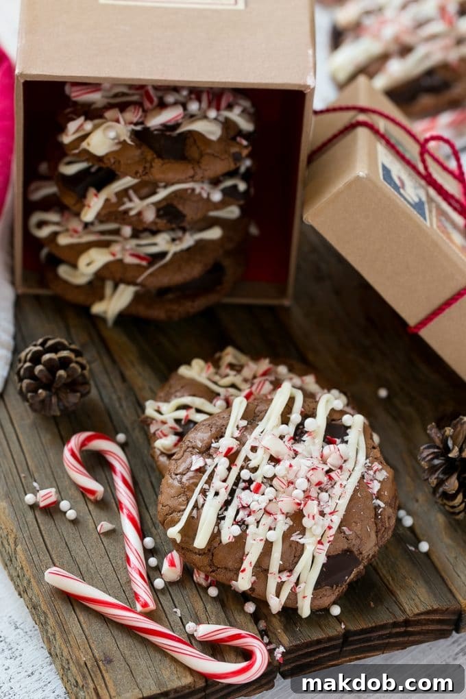 Peppermint Bark Cookie | Easy Peppermint Bark Cookies | Christmas Cookies | Peppermint Bark Cookies | Chocolate Peppermint Cookie #peppermint #peppermintbark #cookies #christmas #holiday #dessert #dinneratthezoo Chocolate Peppermint Cookies topped with crushed candy canes presented in a festive gift box.
