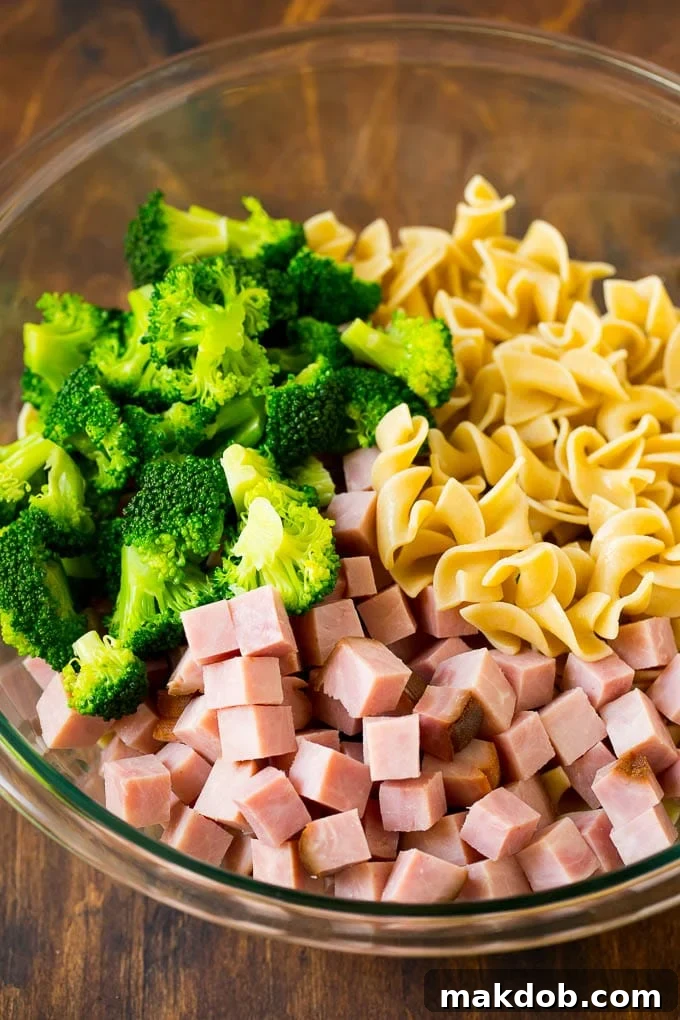 Savory Ham Bake 2 A large bowl filled with uncooked egg noodles, vibrant green broccoli florets, and savory diced ham, ready to be combined with the creamy sauce.