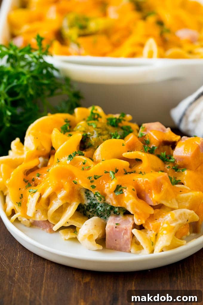 Savory Ham Bake 5 A generous serving of ham casserole, adorned with melted cheese and a sprinkle of fresh chopped parsley, presented beautifully on a white plate.