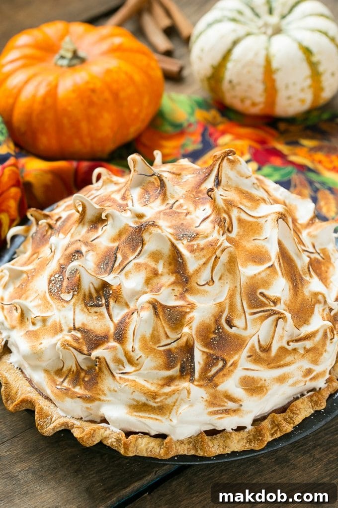 A slice of golden pumpkin meringue pie, perfectly cut and served on a plate, with a background of decorative fall gourds.