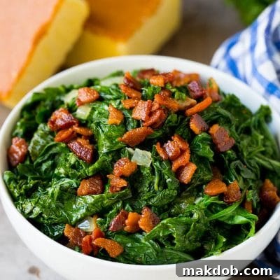 Bacon-Infused Mustard Greens 2 A bowl of mustard greens and bacon, served with cornbread.