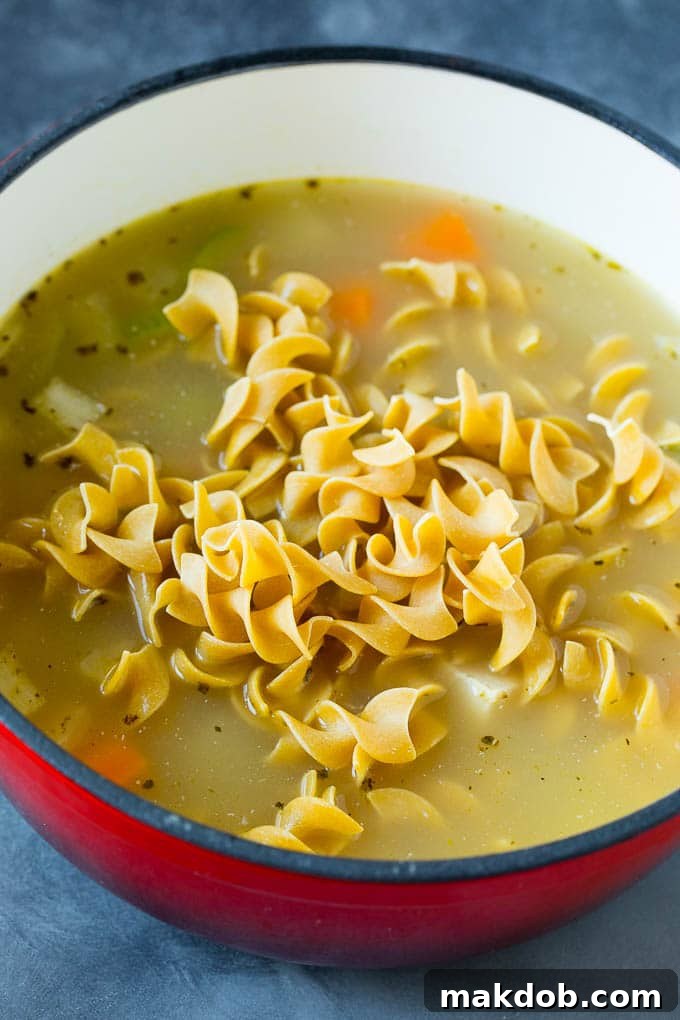 A pot of soup with egg noodles on top.