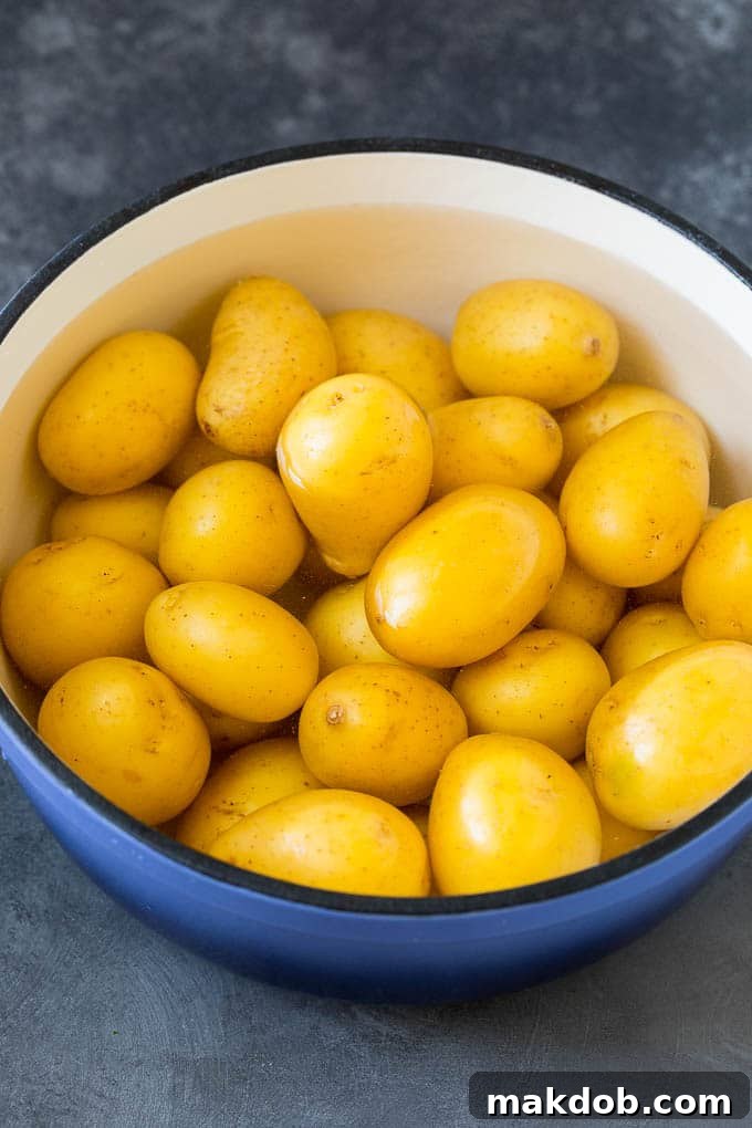 Baby potatoes submerged in a pot of simmering, salted water on the stovetop, cooking until tender.