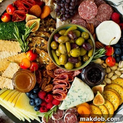A charcuterie board filled with meats, cheeses, crackers, fruit and nuts.
