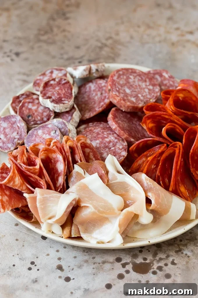 Prosciutto and a variety of salami on a plate.