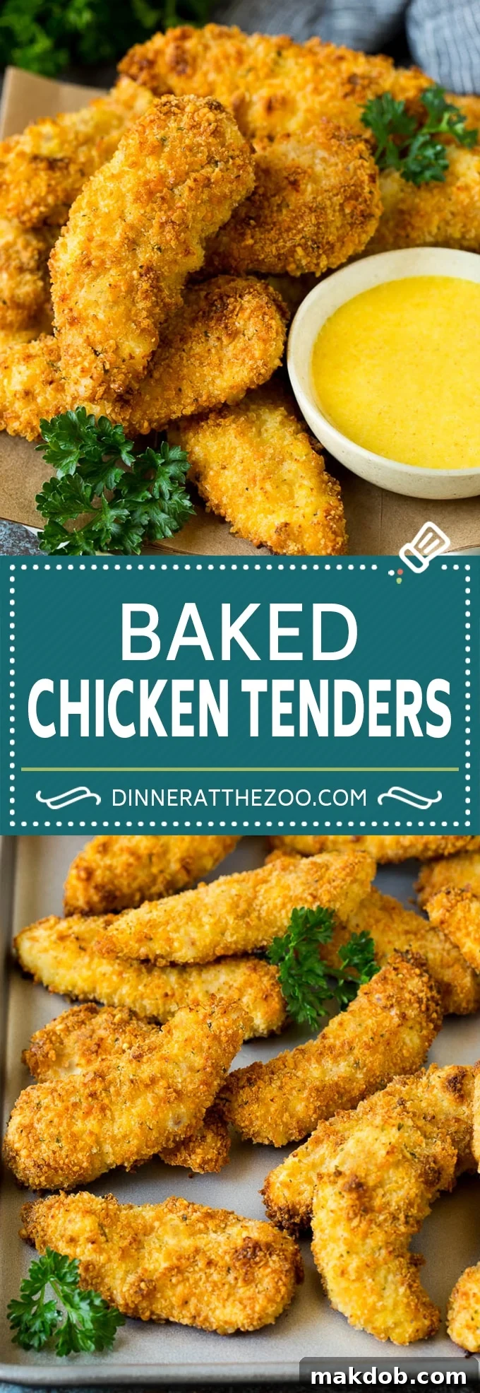 Crispy baked chicken tenders on a sheet pan, golden brown and perfectly cooked.