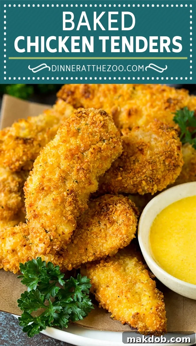 Oven-baked chicken tenderloins with a crunchy parmesan breadcrumb coating.
