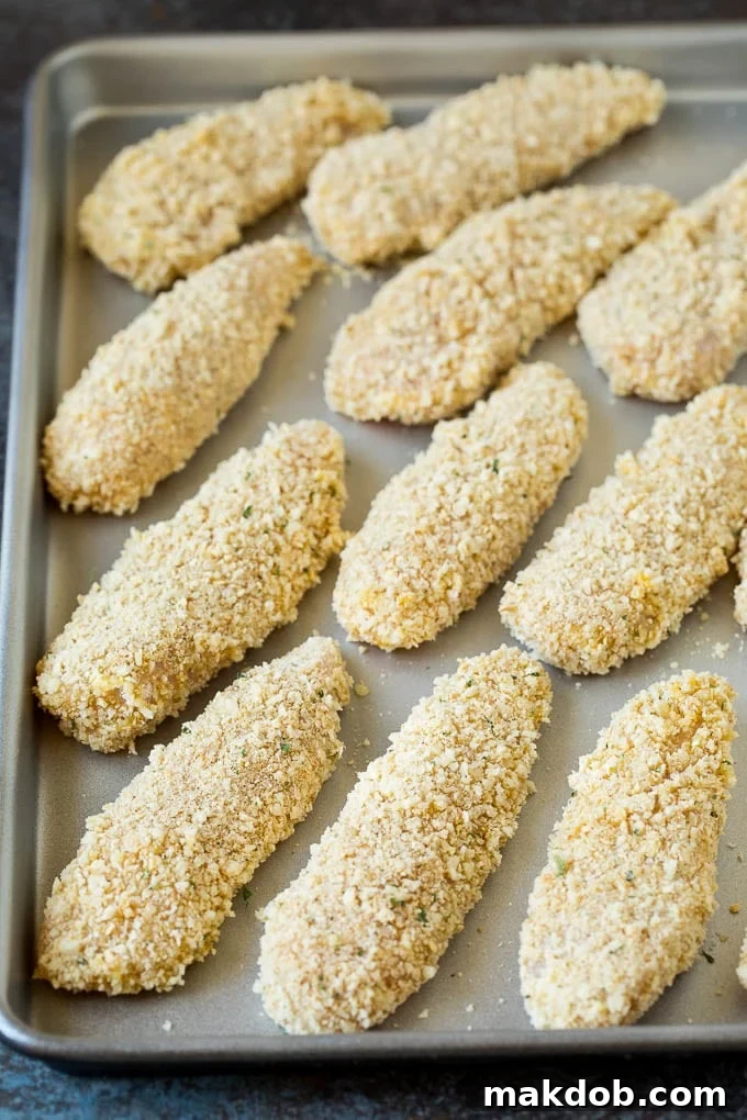 Several breaded chicken fingers arranged neatly on a parchment-lined baking sheet, ready for the oven.
