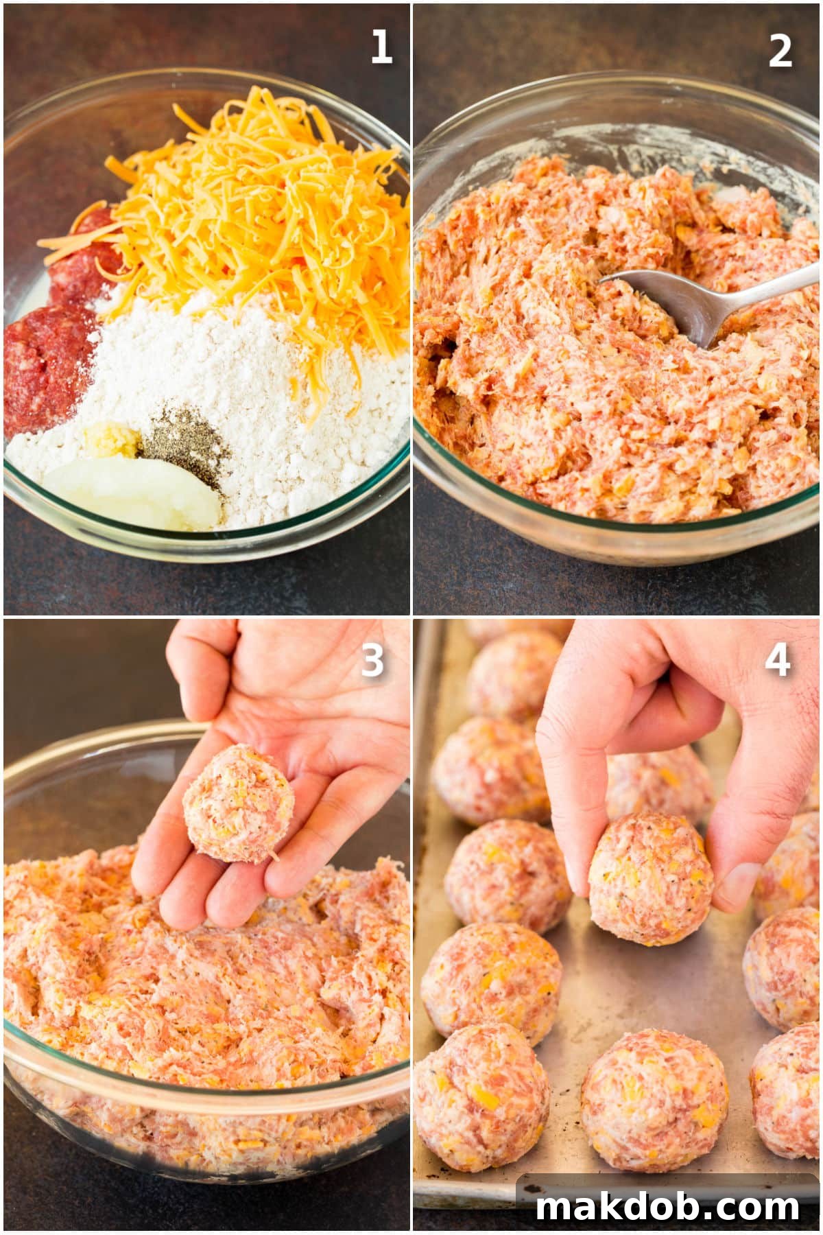 Easy Cheesy Sausage Balls 4 A visual collage illustrating the process of making sausage balls, from mixing ingredients to forming uniform balls.