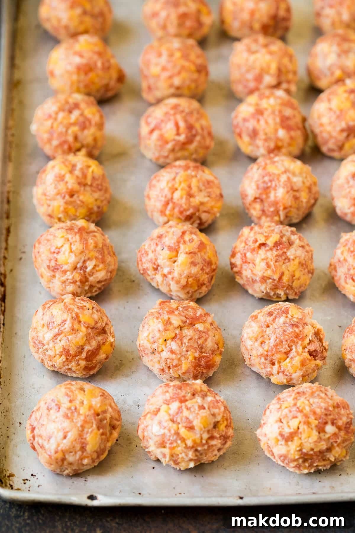 Easy Cheesy Sausage Balls 5 Raw, unbaked sausage balls neatly arranged on a baking sheet, ready for the oven.
